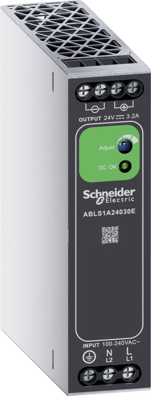 Schneider Electric DIN-Hutschienen-Stromversorgungsmodul, mit der Bezeichnung ABLS1A24030E, mit 24V-Ausgang und Eingangsklemmen.