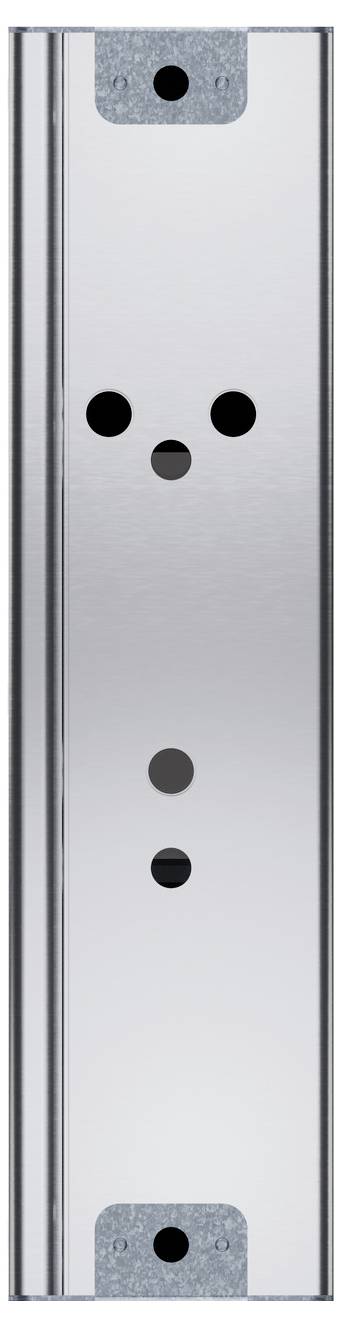 Nahaufnahme einer Metallklammer oder eines Panels mit fünf kreisförmigen Löchern, zwei an den Enden und drei in der Mitte, vertikal angeordnet.