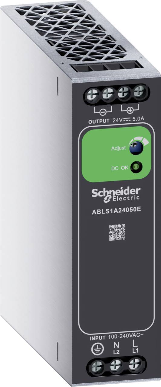 Schneider Electric Industrie-Stromversorgungsmodul mit grünem Einstellfeld, beschriftet mit 