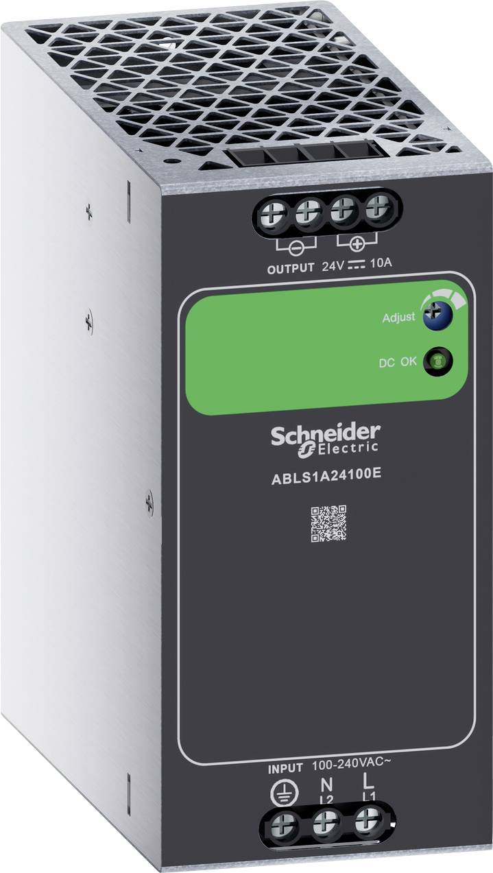 Schneider Electric Industrielles Stromversorgungsgerät mit grünem Frontpaneel, Ausgangsklemmen oben, Eingangsklemmen unten und belüftetem oberen Gitter.
