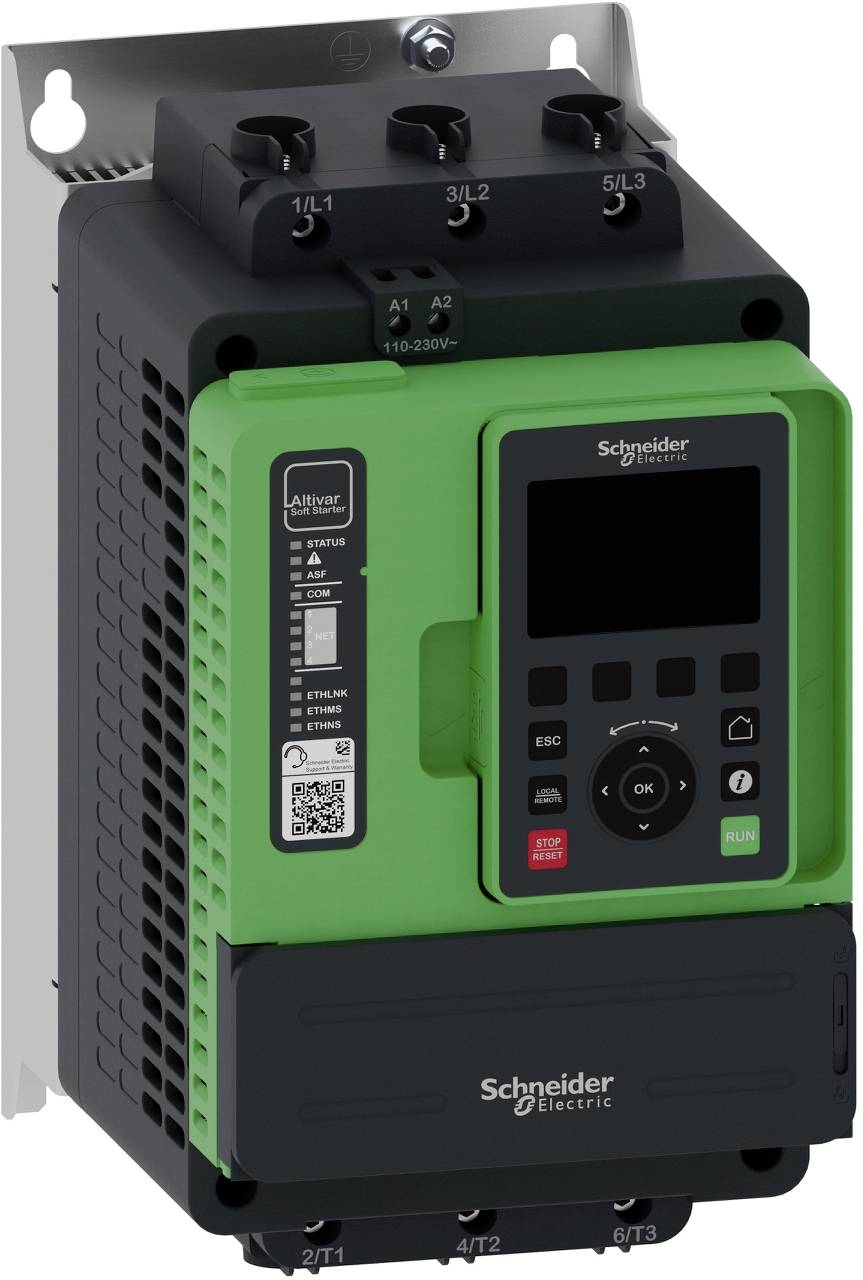 Schneider Electric Altivar Frequenzumrichter mit digitaler Steuereinheit, zeigt Stromversorgungs- und Motoranschlüsse.