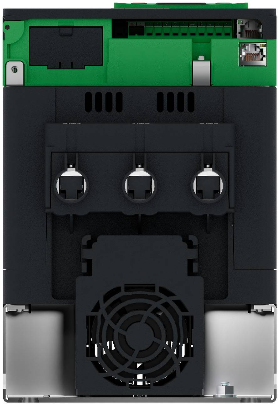 Nahaufnahme der Rückseite eines elektronischen Moduls, die eine grüne Leiterplatte, drei kreisförmige Anschlussports und ein Kühlerlüftungsgitter in einem schwarzen Gehäuse zeigt.