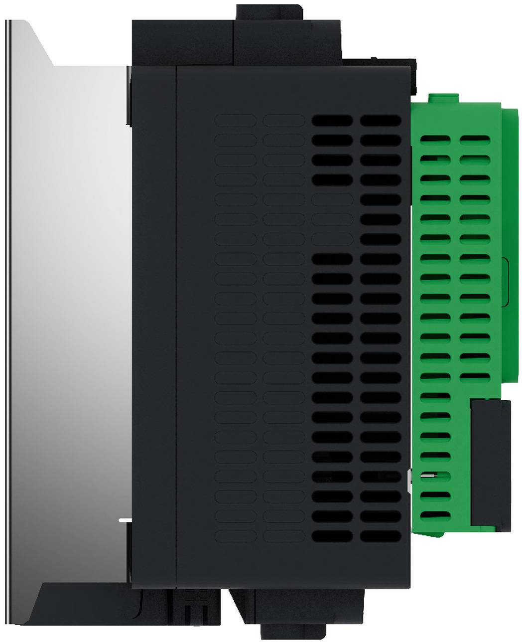 Seitenansicht eines industriellen Elektrogeräts oder Relaismoduls mit schwarzem belüftetem Gehäuse, grünem Klemmenblock und grauer Montageplatte.