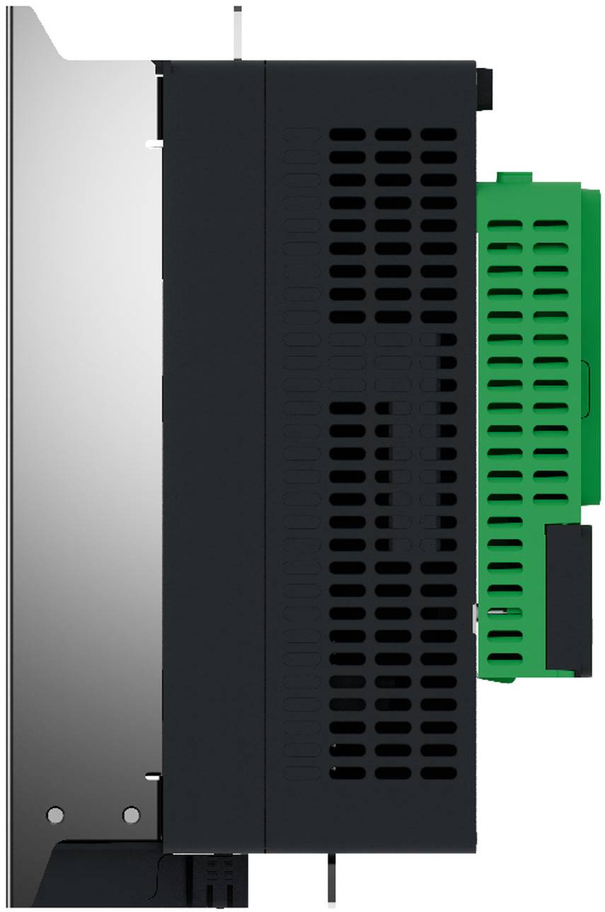 Seitenansicht eines schwarzen elektronischen Moduls mit Belüftungsschlitzen und einer auf der rechten Seite angebrachten grünen Leiterplatte, montiert gegen ein Metallpanel.