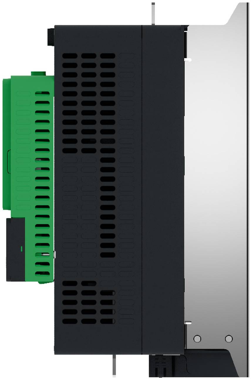 Seitenansicht eines industriellen elektronischen Moduls mit schwarzem und silbernem Gehäuse und einem grünen Klemmleisten-Steckverbinder.