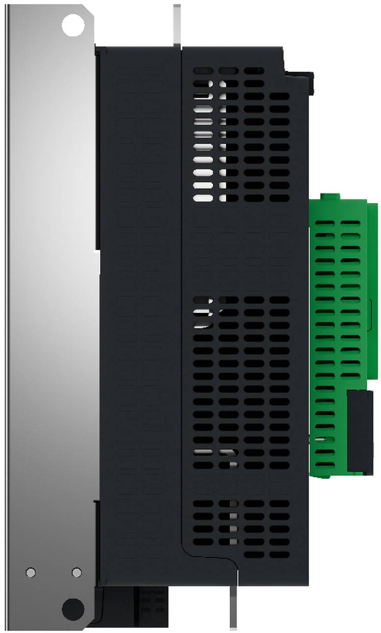 Seitenansicht eines industriellen elektronischen Moduls mit schwarzem belüftetem Gehäuse, silberner Befestigungsplatte und grünem Steckerblock auf der rechten Seite angebracht.