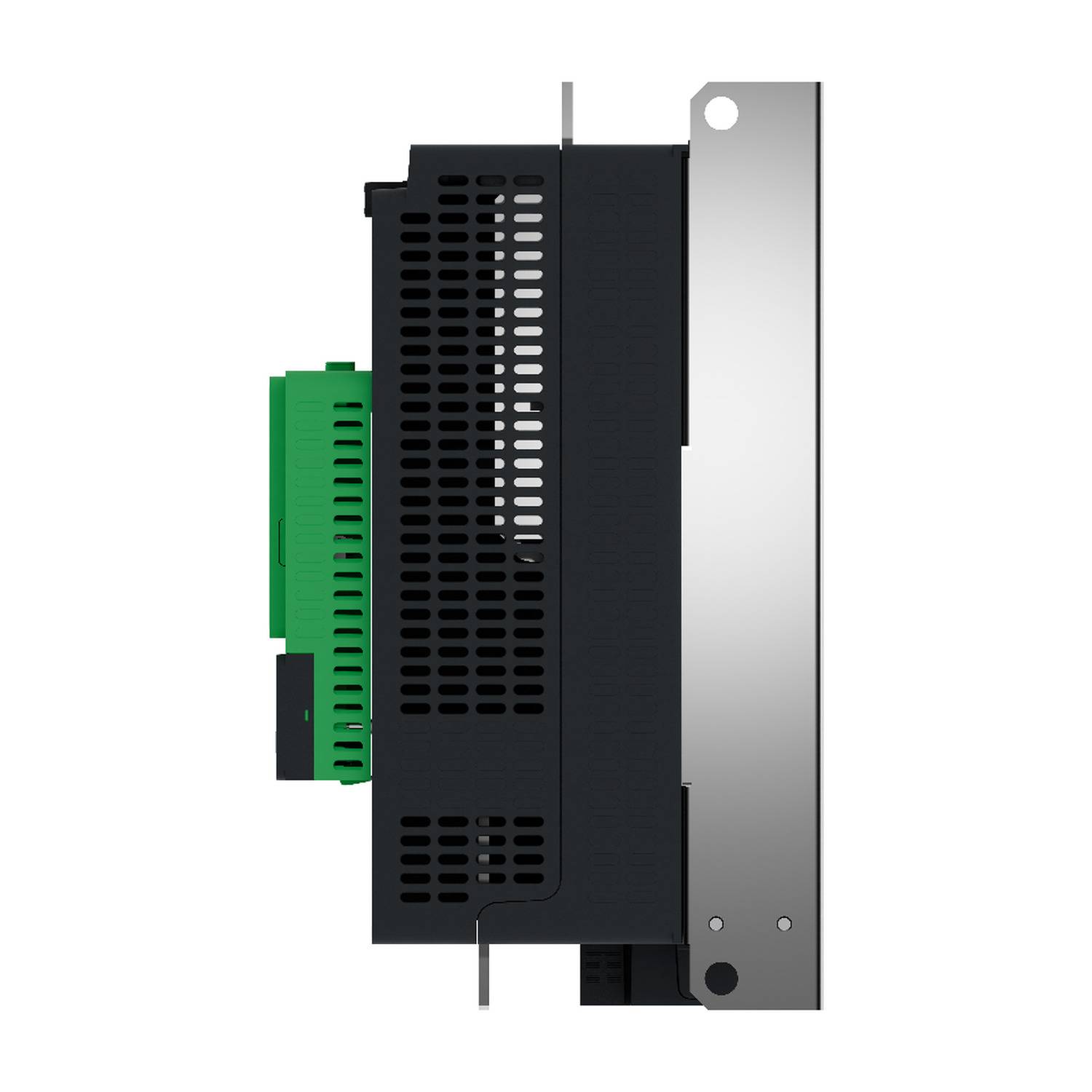 Seitenansicht eines industriellen elektronischen Moduls mit schwarzem belüftetem Gehäuse, grünem Steckerblock und silberner Montageplatte.