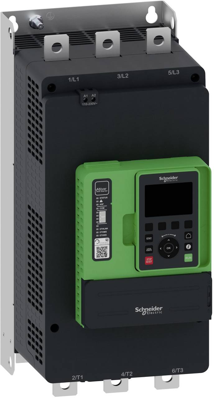 Schneider Electric Frequenzumrichter mit grünem Bedienfeld, digitaler Anzeige und Anschlussklemmen, Vorderansicht auf einer Montageplatte gezeigt.