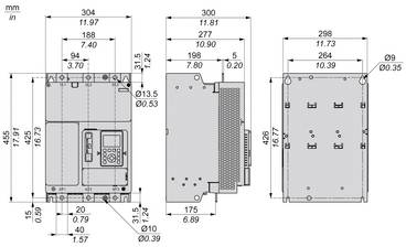 Technische Bemaßungszeichnung eines rechteckigen elektronischen Geräts mit Vorder-, Seiten- und Rückansicht mit Maßangaben in mm und Zoll.