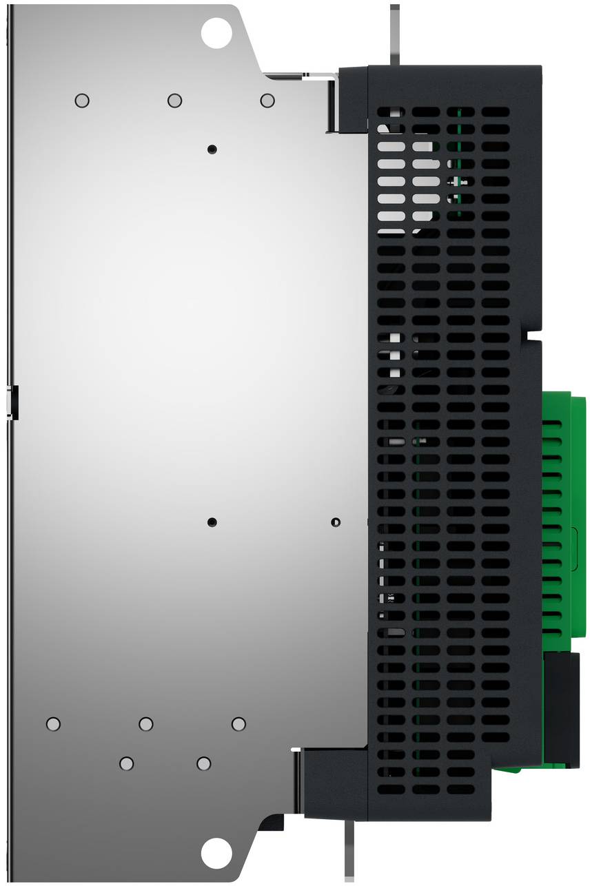 Seitenansicht eines metallischen elektronischen Moduls mit schwarzer belüfteter Abdeckung und grünem Leiterplattenanschluss auf der rechten Seite.