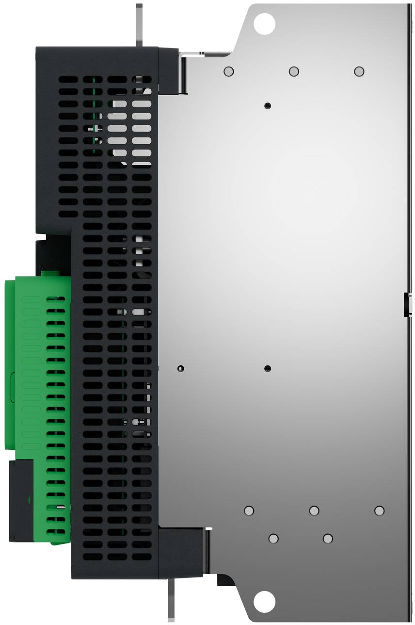 Nahaufnahme eines elektronischen Moduls mit belüftetem schwarzem Seitengehäuse, grünem Anschluss und silberner Metallmontierungsplatte.