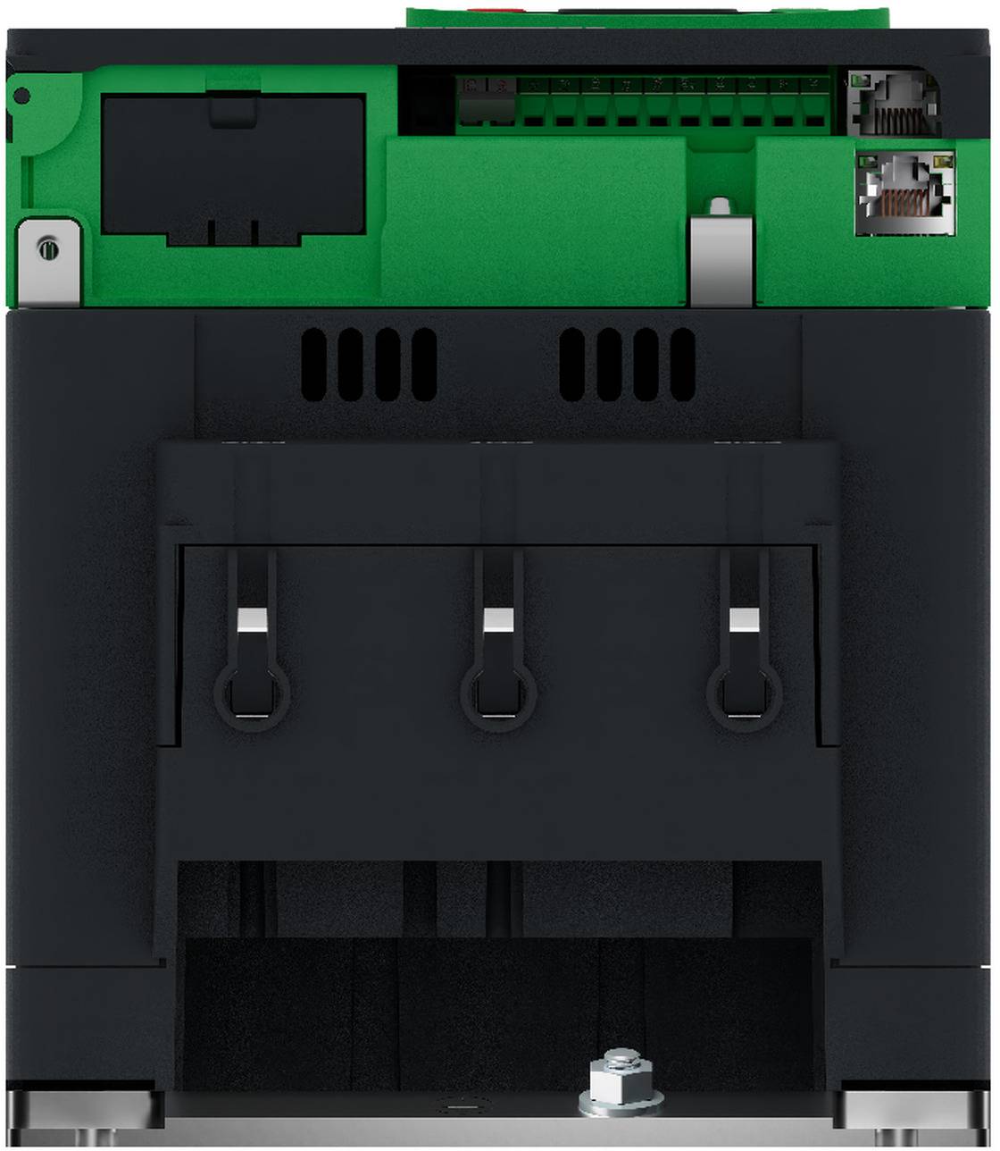 Vorderansicht eines schwarzen und grünen elektronischen Geräts oder Moduls mit freiliegenden Steckverbindern und Anschlüssen, vor weißem Hintergrund dargestellt.