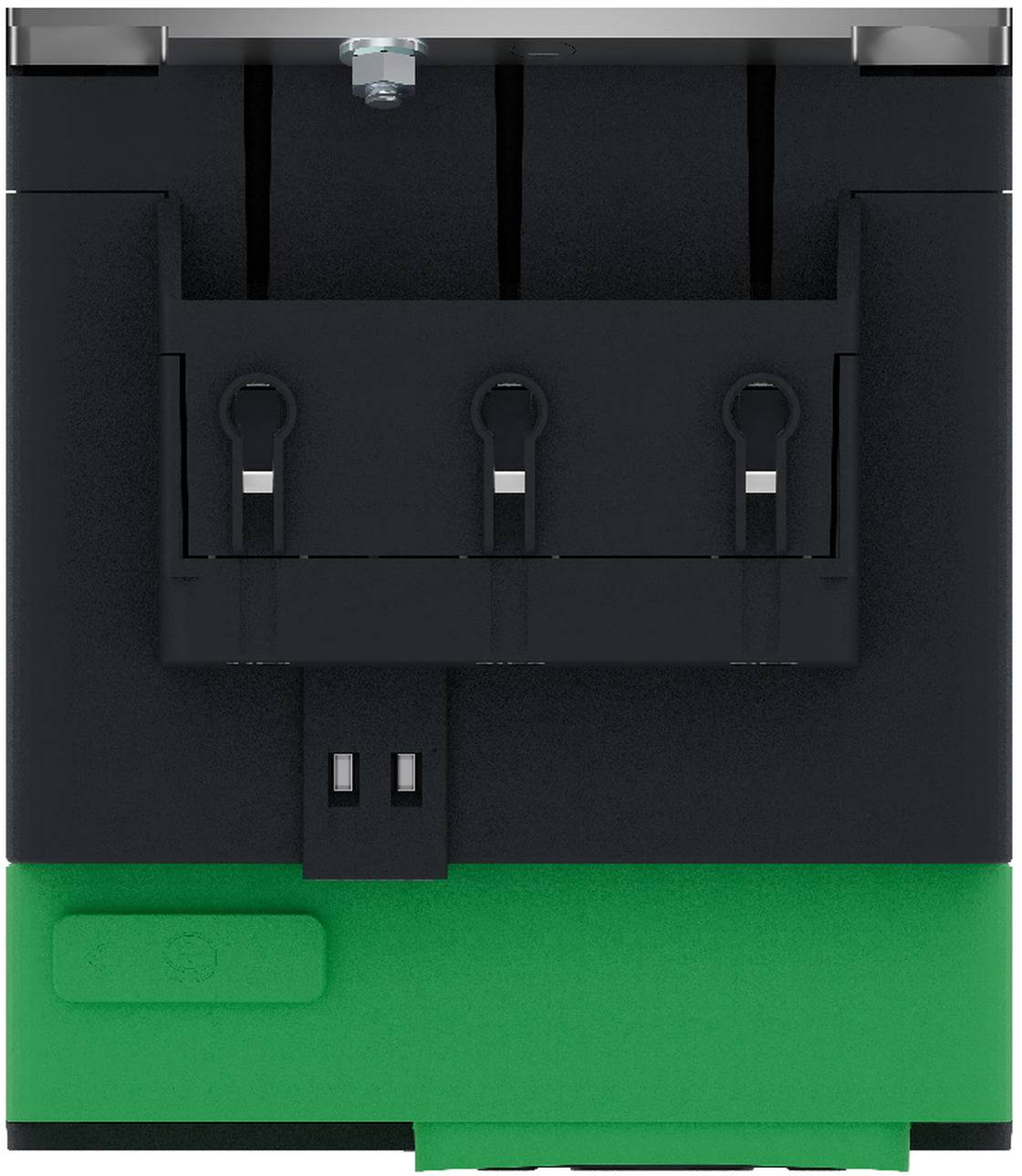 Schwarzes und grünes elektronisches Modul mit drei oberen Steckverbindern und zwei unteren Stiften auf einem rechteckigen Gehäuse.