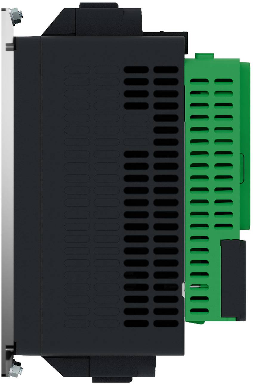 Seitenansicht eines elektronischen Steuermoduls mit schwarzem belüftetem Gehäuse und einem grünen Steckerblock auf der rechten Seite.