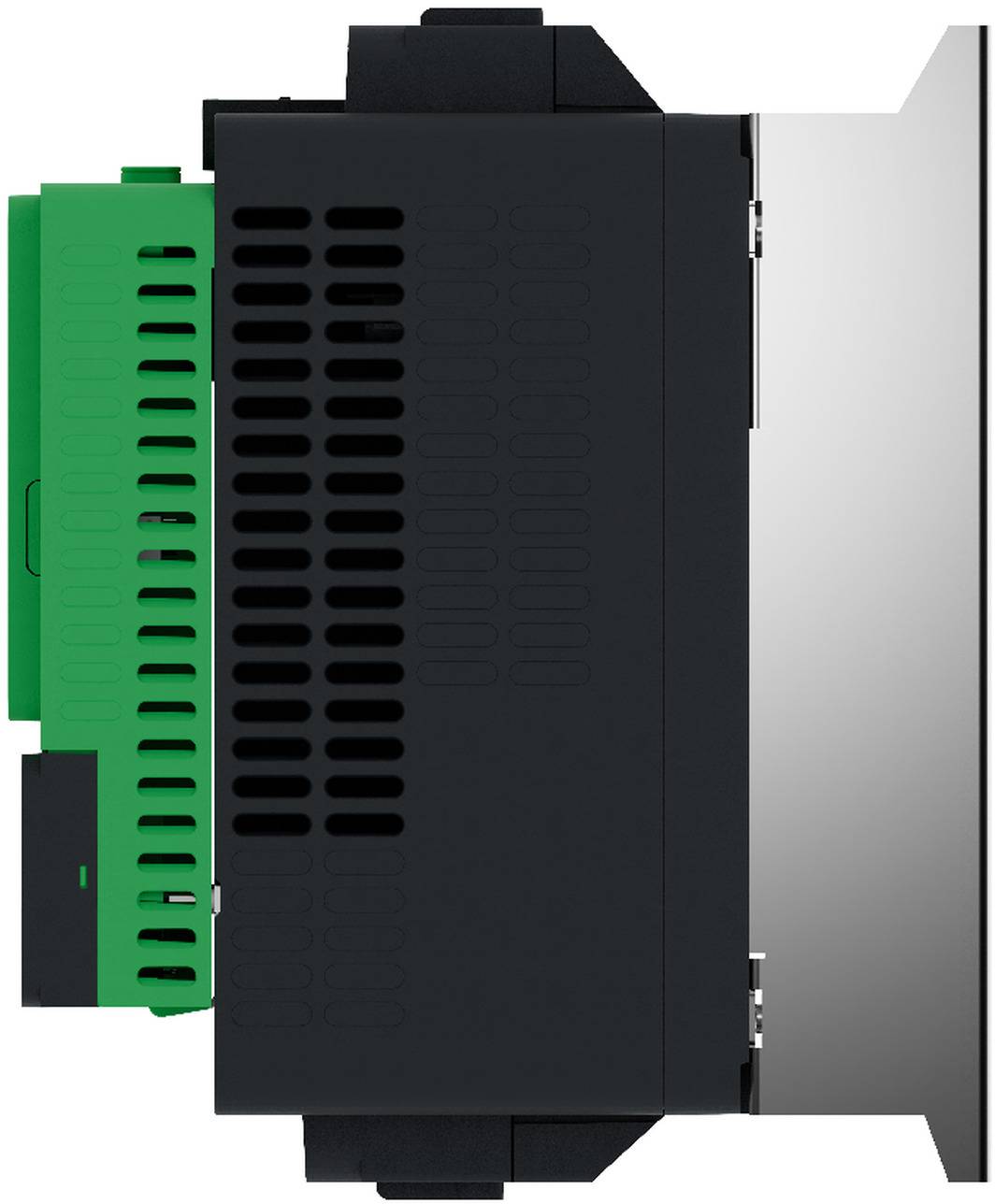 Seitenansicht eines industriellen elektronischen Moduls mit schwarzem belüftetem Gehäuse, grünem Anschlussblock und silberner Befestigungsplatte.