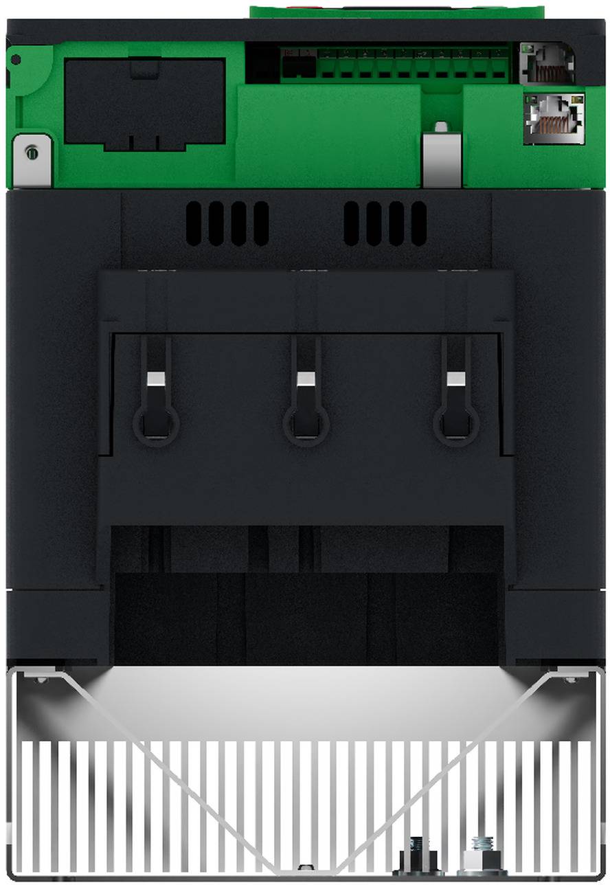 Frontansicht eines schwarzen und grünen elektronischen Geräts oder Moduls mit Lüftungsschlitzen, Verschlüssen und einem weißen Steckbereich am unteren Ende.