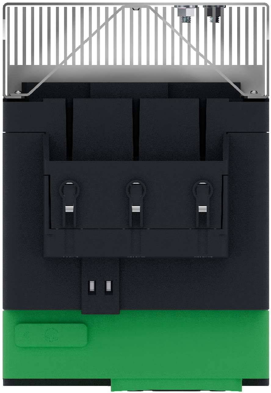 Nahaufnahme eines schwarzen und grünen Elektrosteckers oder Schaltmoduls mit mehreren Metallstiften und Anschlüssen auf der Oberseite.