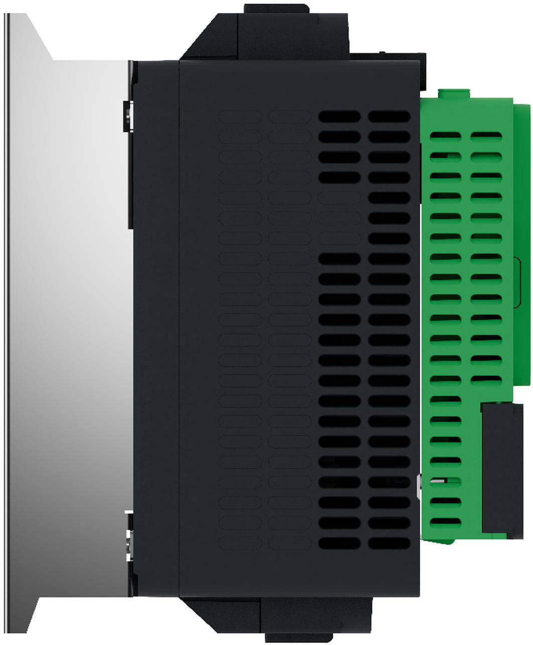 Seitenansicht eines schwarzen und grünen industriellen elektronischen Moduls mit belüftetem Gehäuse und metallischer Befestigungsflansch.
