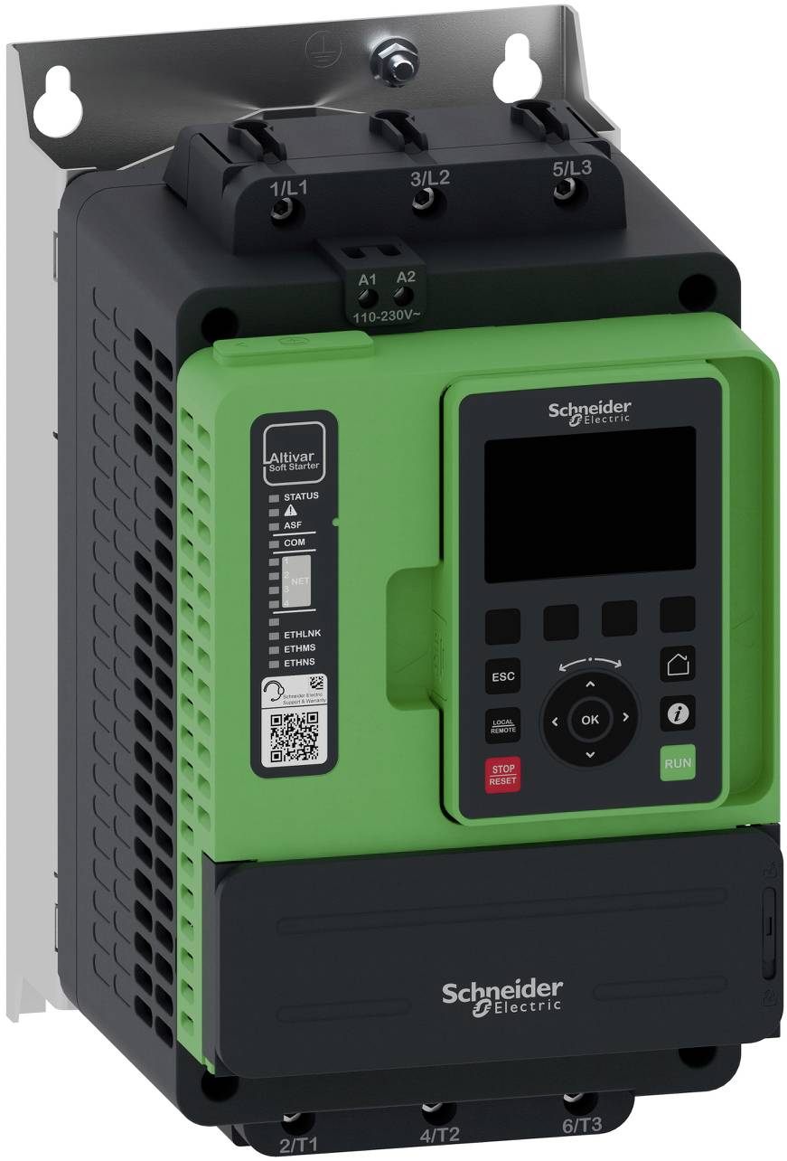 Schneider Electric Altivar Motorantrieb mit schwarzem Bedienfeld, grüner Frontabdeckung und Beschriftungen für Stromversorgung und Motorverbindungen.