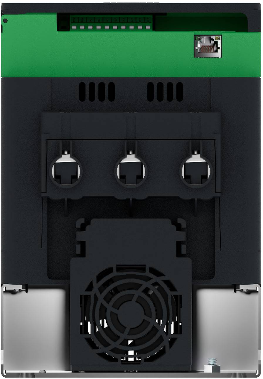 Rückansicht eines elektronischen Geräts mit grünem Oberteil, drei kreisförmigen Anschlüssen, einem zentralen Kühlventilator und metallischem unteren Bereich.