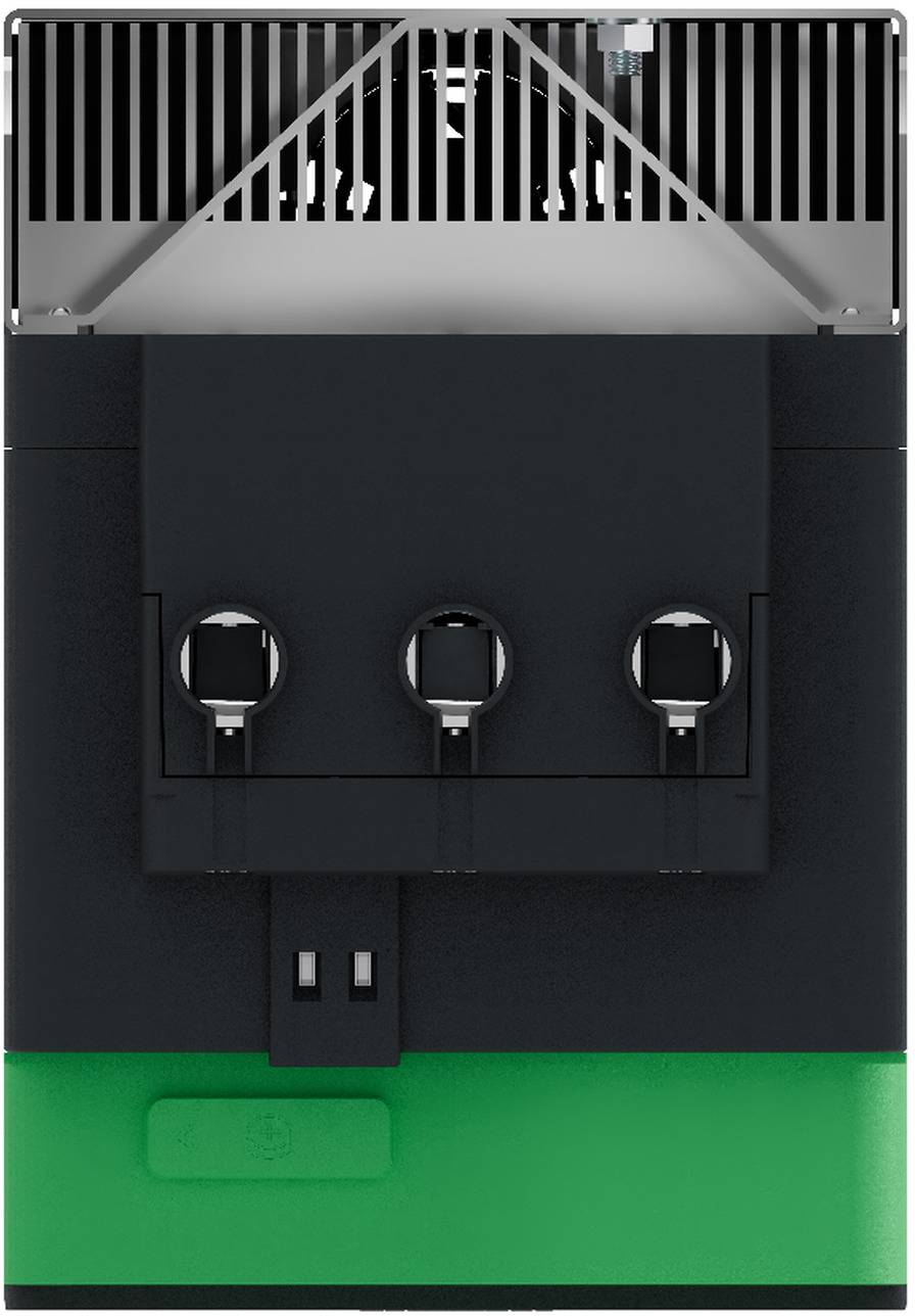 Nahaufnahme eines schwarzen und grünen elektronischen Moduls mit belüftetem Deckel, drei kreisförmigen Anschlüssen und einer kleinen Steckerlasche am unteren Ende.