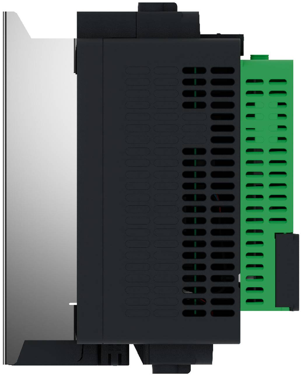 Seitenansicht eines industriellen elektronischen Moduls mit schwarzem belüftetem Gehäuse, silbernem linkem Bedienfeld und grüner Leiterplatte auf der rechten Seite.