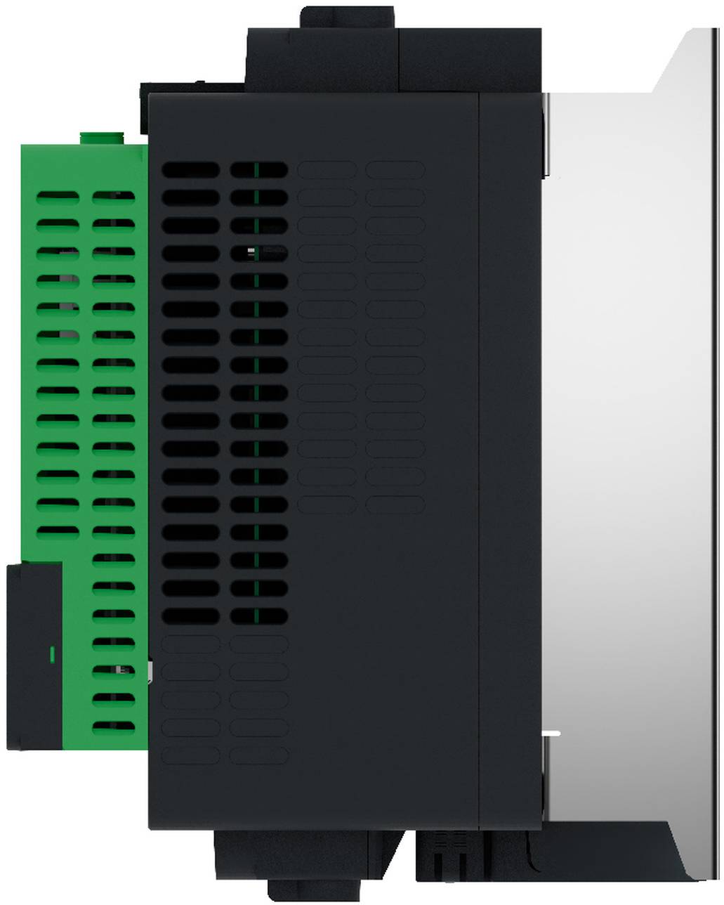 Seitenansicht eines schwarzen und grünen industriellen elektronischen Moduls mit belüfteten Paneelen neben einem silbernen Metallgehäuse montiert.