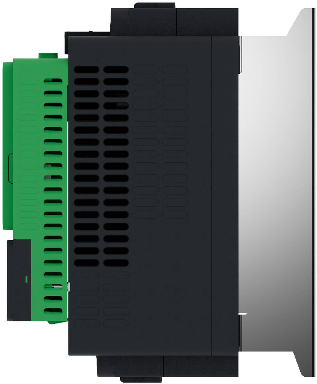 Seitenansicht eines schwarzen industriellen elektronischen Moduls mit einem grünen Anschlussblock auf der linken Seite und einer silbernen Montageplatte auf der rechten Seite.