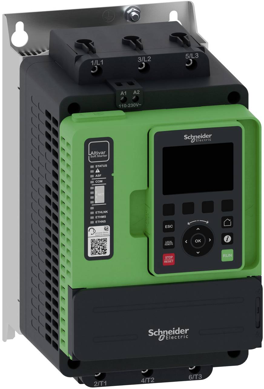 Schneider Electric Frequenzumrichter mit grünem Frontpanel, Display, Steuerungstasten und Anschlussklemmen zur industriellen Motorsteuerung.