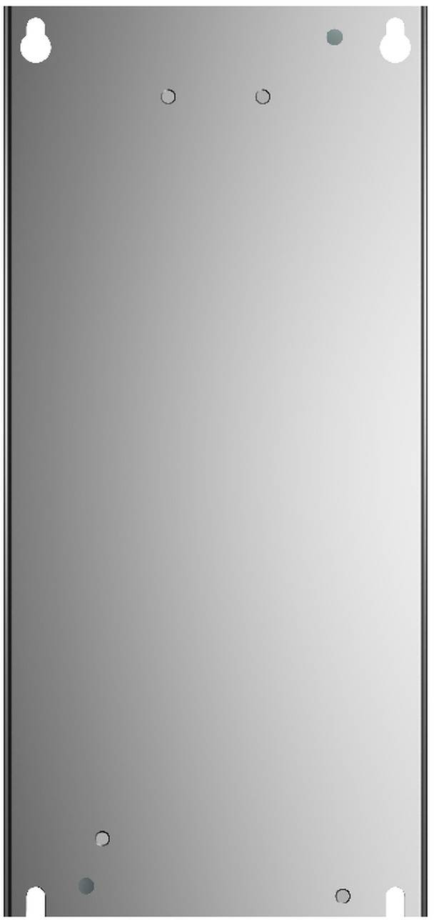 Graues Metallpaneel ohne Beschichtung mit vier Befestigungslöchern an den Ecken und zwei kleinen Mittellöchern oben in der Nähe sowie zwei kleinen Löchern in der Nähe des unteren Bereichs.