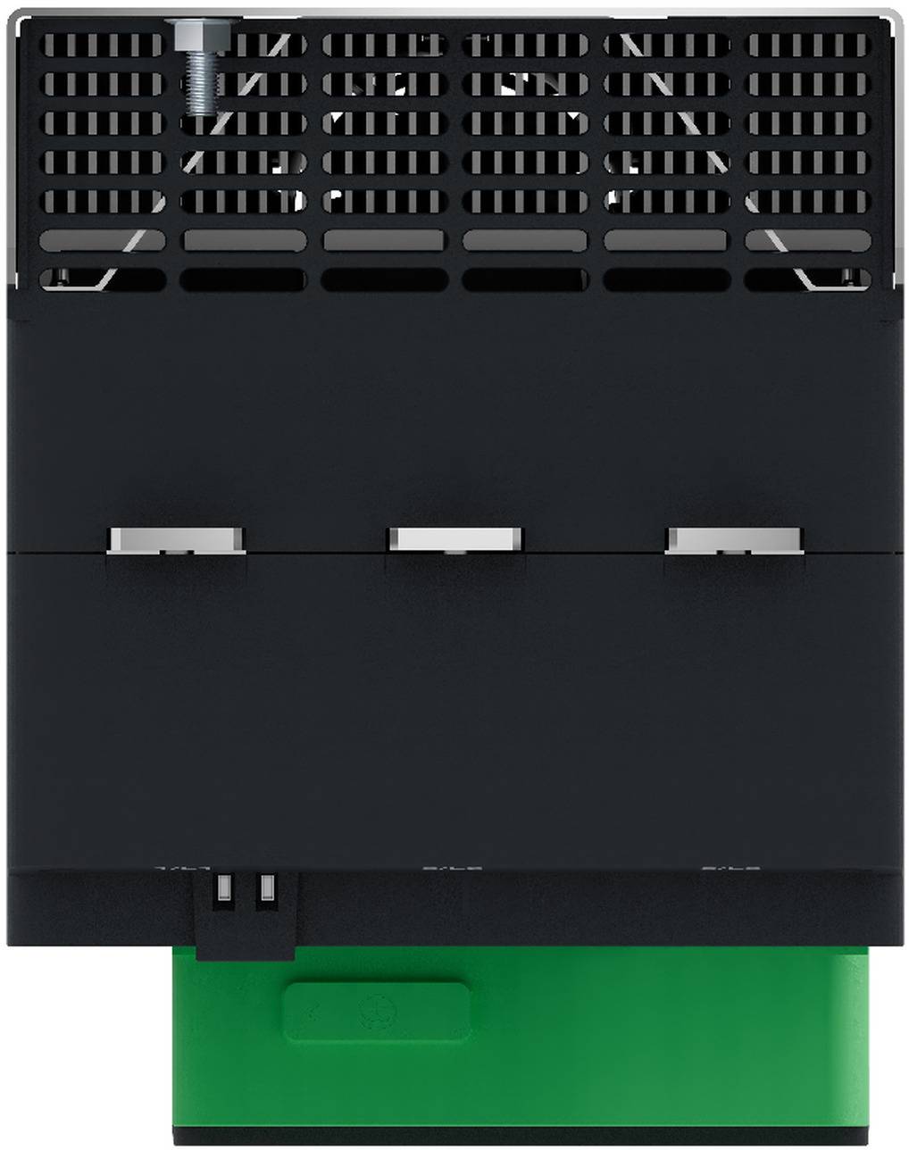 Schwarzes elektronisches Modul mit belüftetem oberen Bereich und drei silbernen Klammern, auf einer grünen Basis montiert.