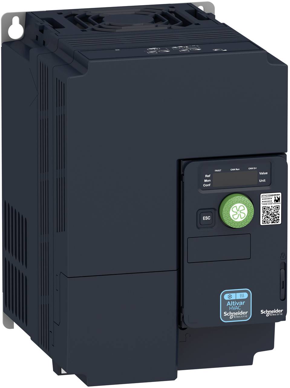 Schwarzer Schneider Electric Altivar Frequenzumrichter mit Tastatur, Statusleuchte und QR-Code auf der Frontplatte.