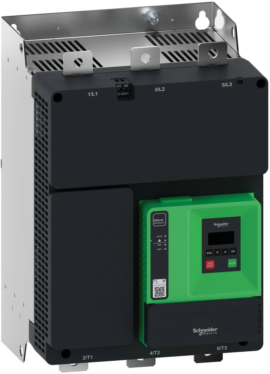 Ein Schneider Electric-Motoranlasser oder Frequenzumrichter in einem schwarzen und grünen industriellen Metallgehäuse mit gekennzeichneten Anschlüssen und Steuertasten.