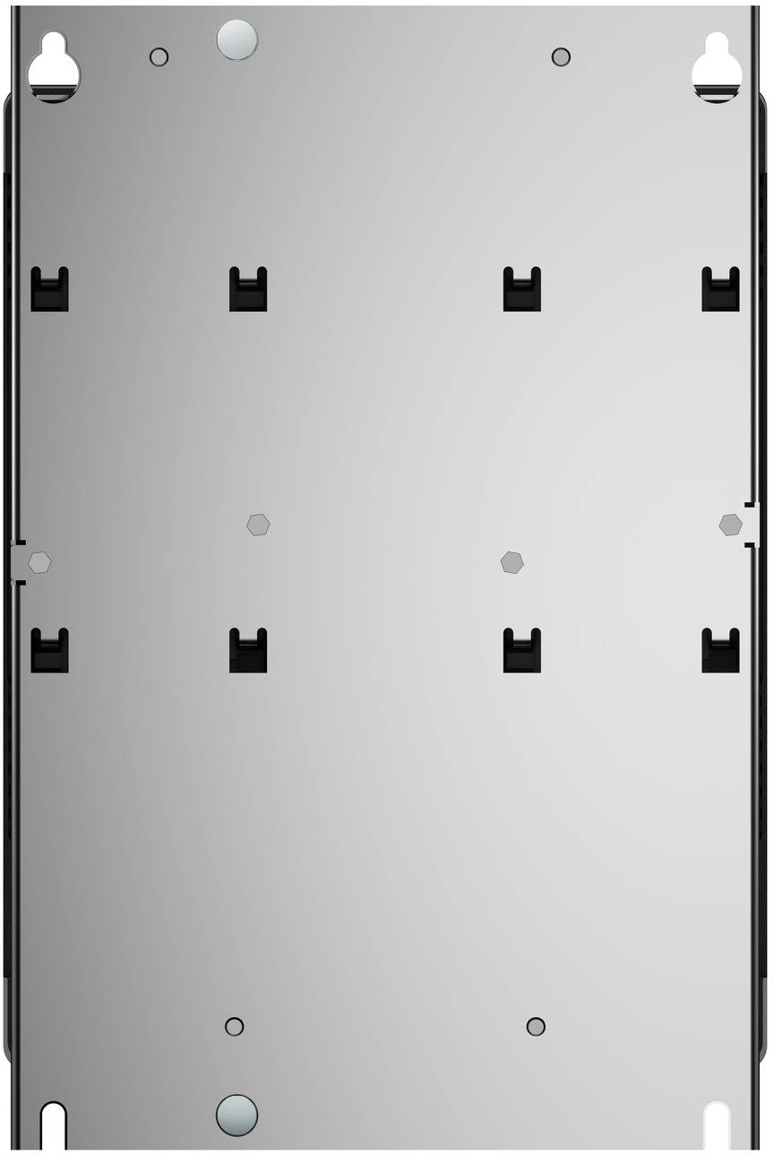 Draufsicht auf eine graue rechteckige Montageplatte mit mehreren schwarzen Clip-Schlitzen und Eckenbohrungen, dargestellt als Hardware-Layoutdiagramm.