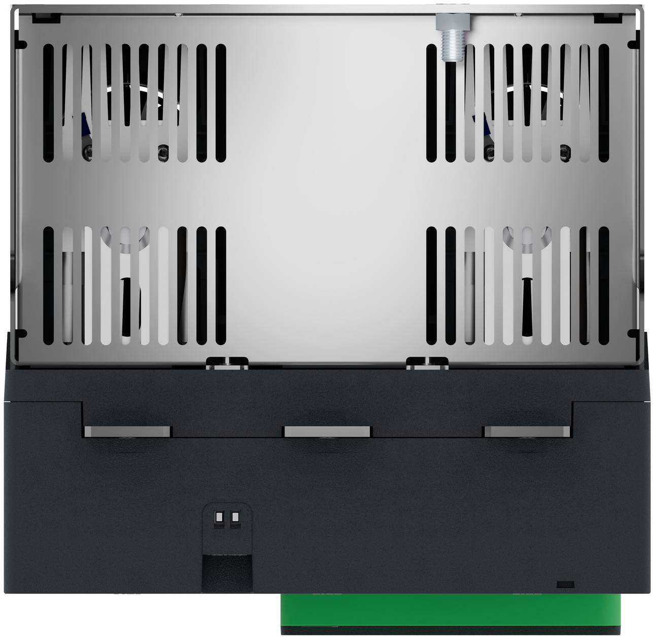 Rückansicht eines schwarz-silbernen elektronischen Geräts mit Belüftungsschlitzen, Montagehardware und einer sichtbaren grünen Leiterplattenkante am unteren Rand.