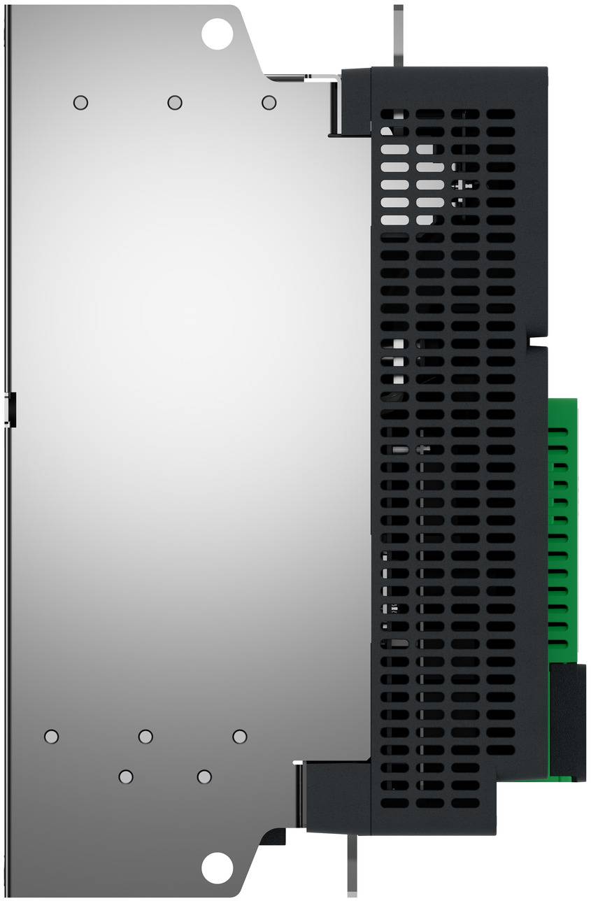 Computerhard­ware-Modul mit einer silbernen Metallplatte und schwarzem Lüftungsgitter auf der rechten Seite, isoliert auf weißem Hintergrund dargestellt.