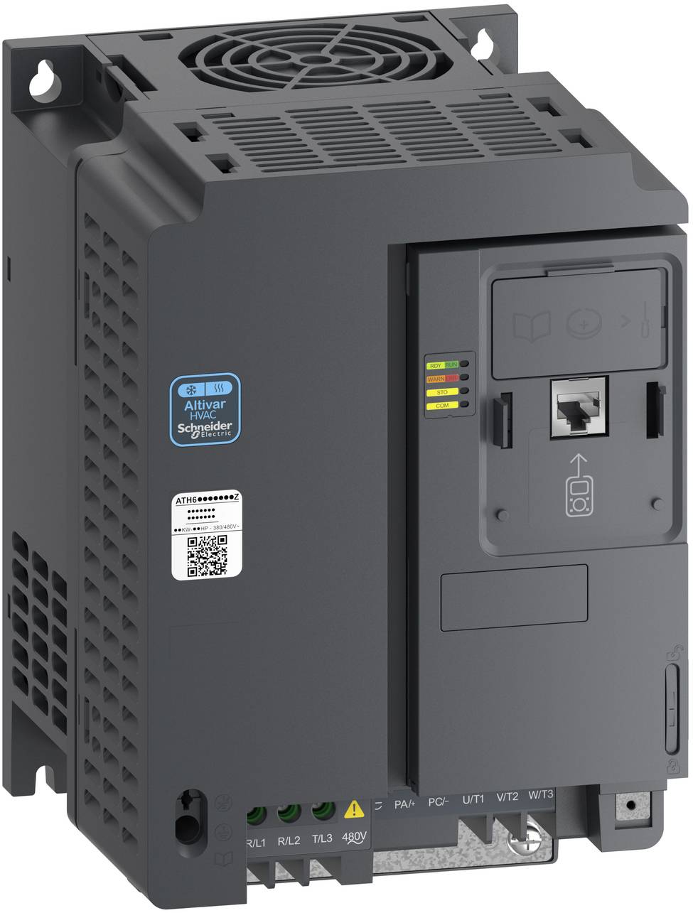 Industrieller Schneider Electric Altivar-Frequenzumrichter mit vorderer Bedienblende, Ventilator, Statusleuchten und beschrifteten Stromklemmen.