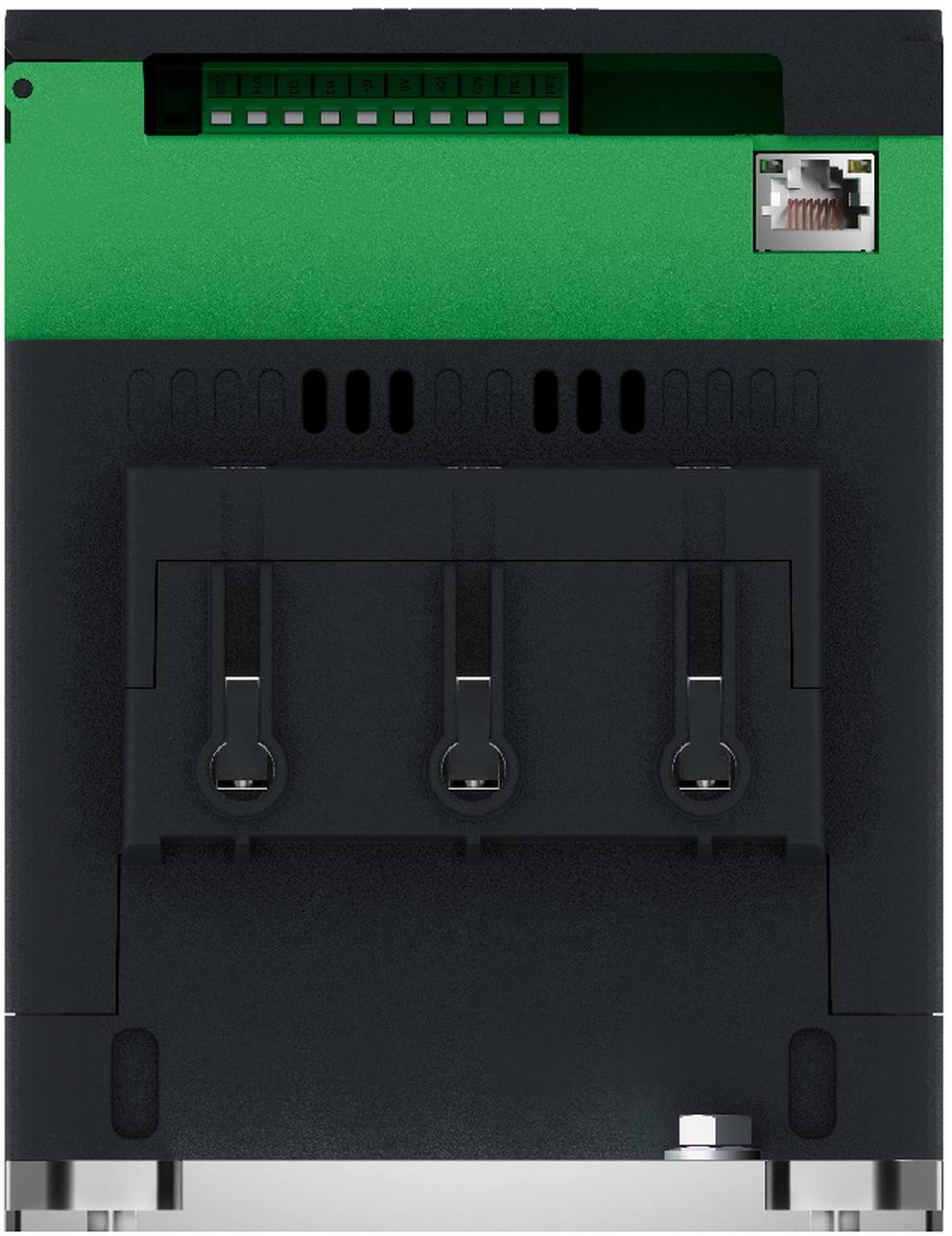 Rückansicht eines schwarz-grünen elektronischen Geräts mit einem oberen Steckverbinder, RJ45-Ethernet-Anschluss und drei Verriegelungsverschlüssen.