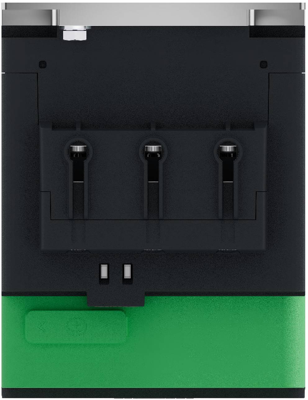 Schwarzes elektronisches Gerät mit drei vertikalen Schlitzen über einem grünen unteren Bedienfeld