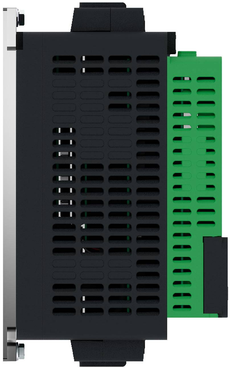Seitenansicht eines schwarzen und grünen Elektromoduls oder Schaltungskomponente mit belüftetem Gehäuse und metallischen Befestigungswinkeln.