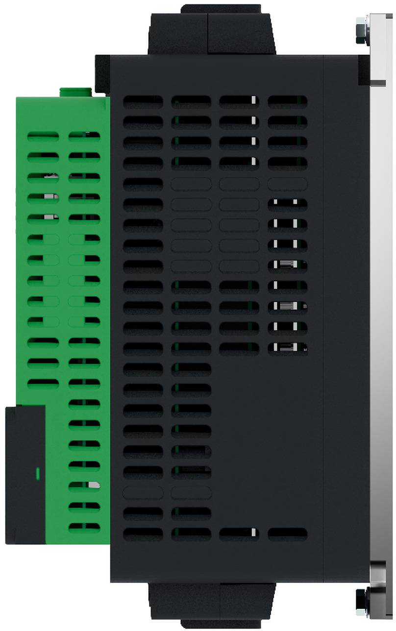 Seitenansicht eines schwarzen industriellen elektronischen Moduls mit grünem belüftetem Seitenpaneel und Befestigungskonsolen, wahrscheinlich eine Steuer- oder Stromversorgungseinheit.