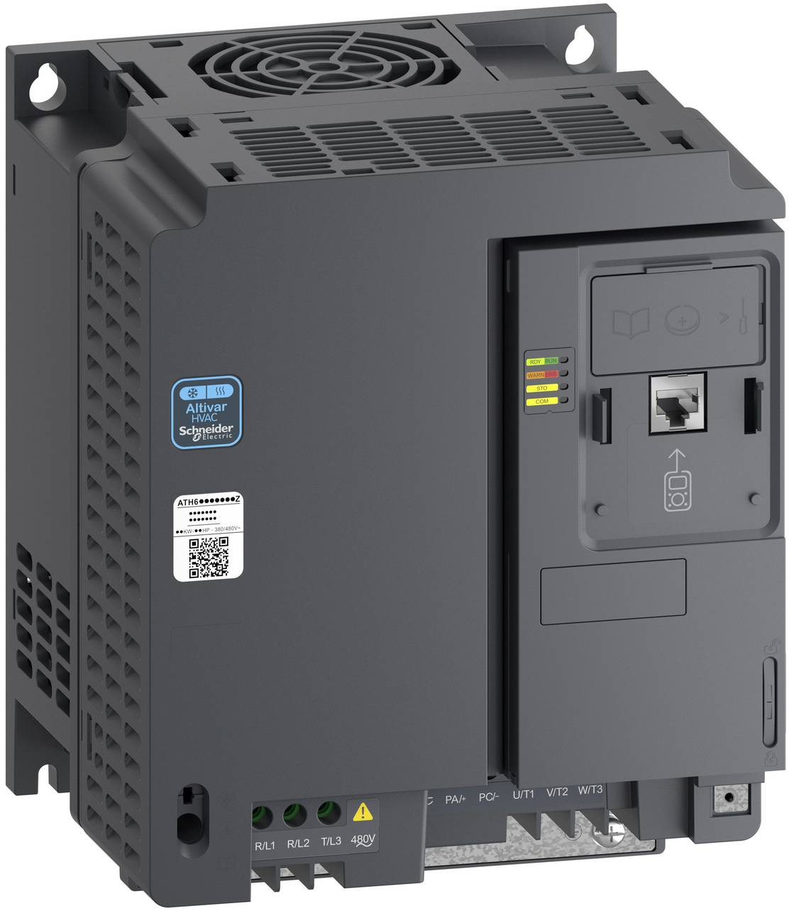 Industrieller Schneider Electric Altivar Frequenzumrichter mit Bedienfeld, Status-LEDs und Anschllussklemmen in einem dunkelgrauen Gehäuse.