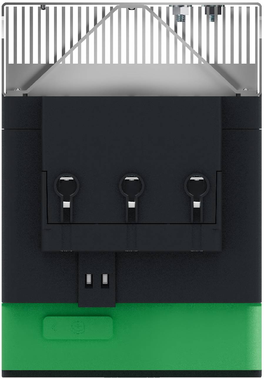 Nahaufnahme eines elektronischen Steckmoduls mit drei Portöffnungen und grüner Grundplatte, von vorne betrachtet.