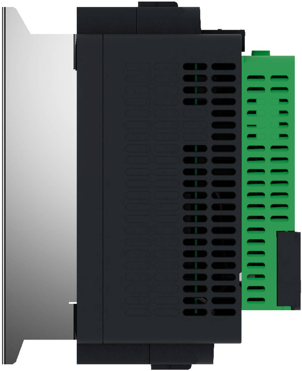 Seitenansicht eines schwarz-grünen Elektrogerätemoduls mit belüfteten Paneelen und metallischer Befestigungshalterung.