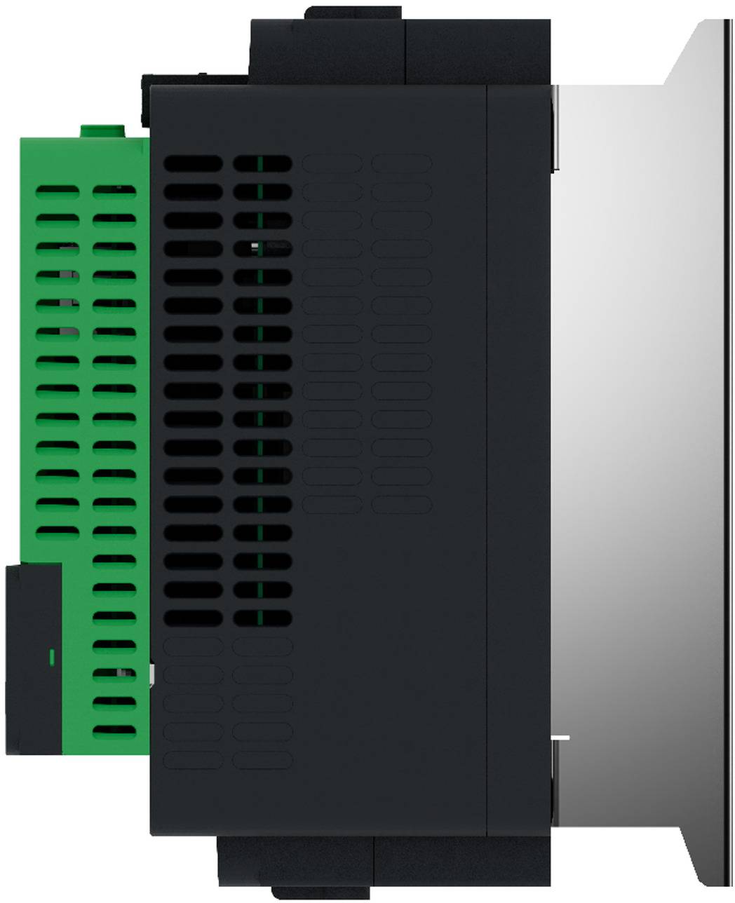 Seitenansicht eines industriellen elektrischen Steuermoduls mit schwarzem und grünem belüftetem Gehäuse, das an einem grauen Bedienfeld angebracht ist.
