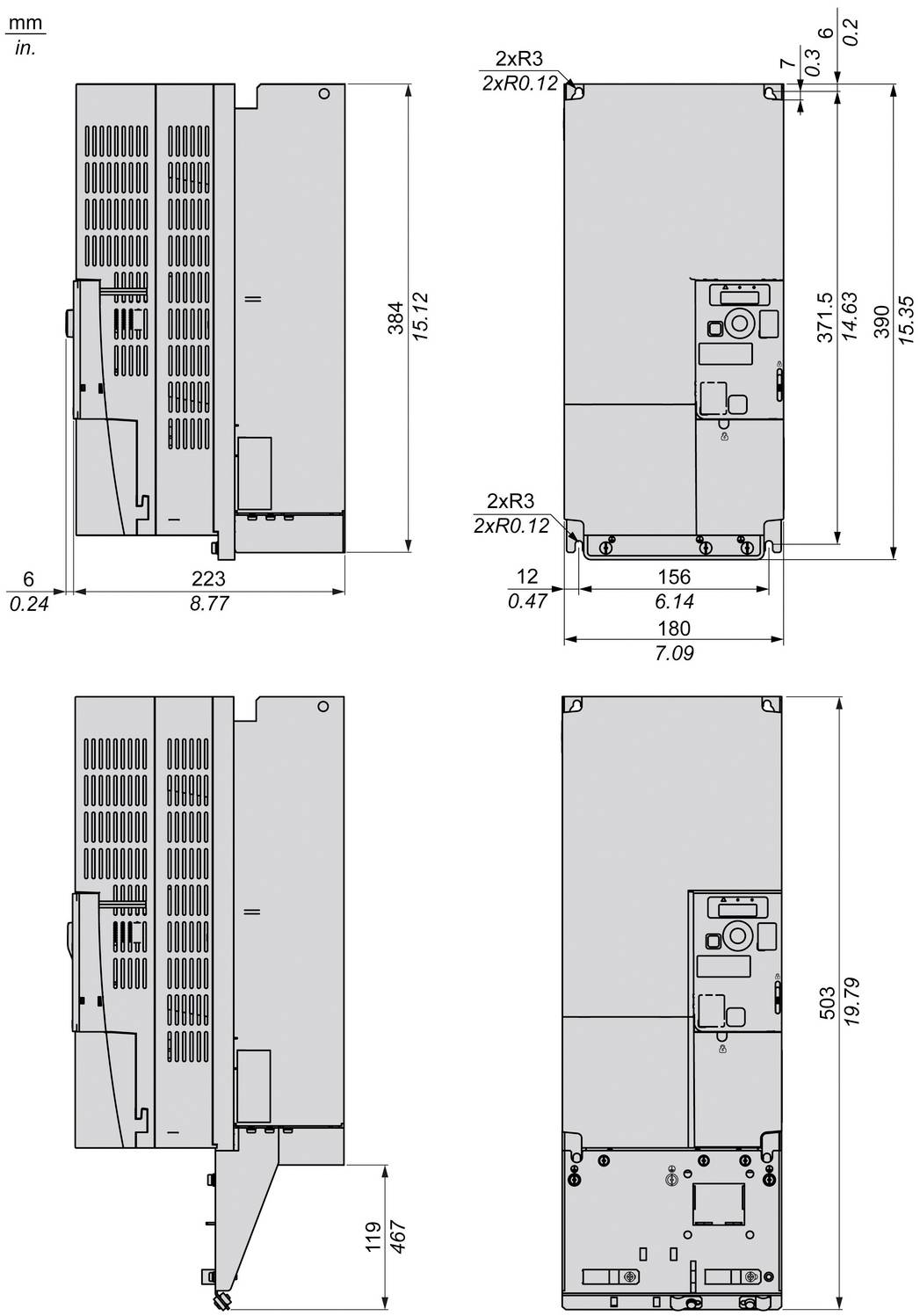 Technische Maßzeichnung eines rechteckigen elektronischen Moduls, dargestellt in Seiten- und Vorderansicht mit Maßangaben in mm und Zoll sowie Montagedetails.