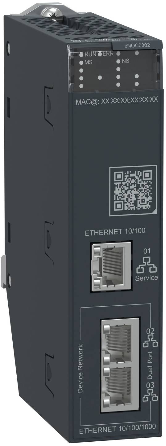 Industrieller Ethernet-Netzwerk-Switch mit Beschriftungen für MAC-Adresse, Status-LEDs, QR-Code und Ethernet-Anschlüsse, einschließlich Service-, Dualport- und Netzwerkverbindungen.