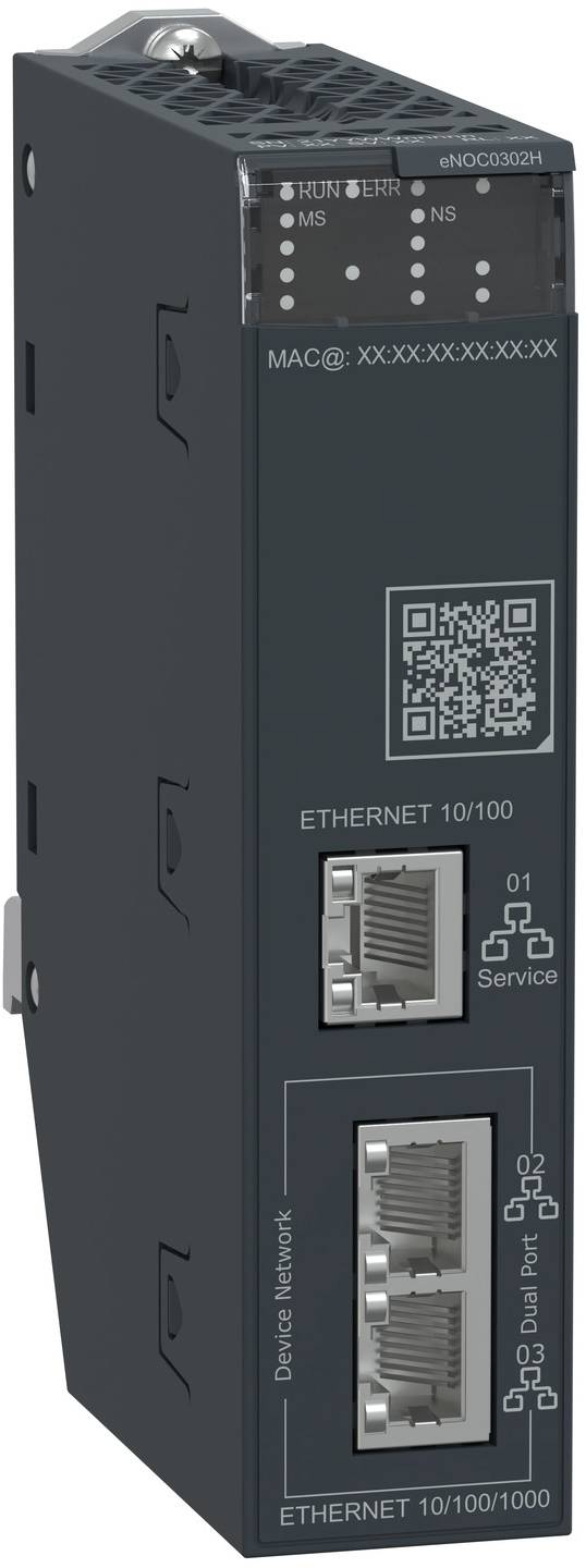 Industrieller Ethernet-Netzwerk-Switch mit vorderen Anschlüssen, Status-LEDs, QR-Code, MAC-Adress-Etikett und zwei gestapelten Ethernet-Buchsen mit Kennzeichnung für Service und Dual-Port.