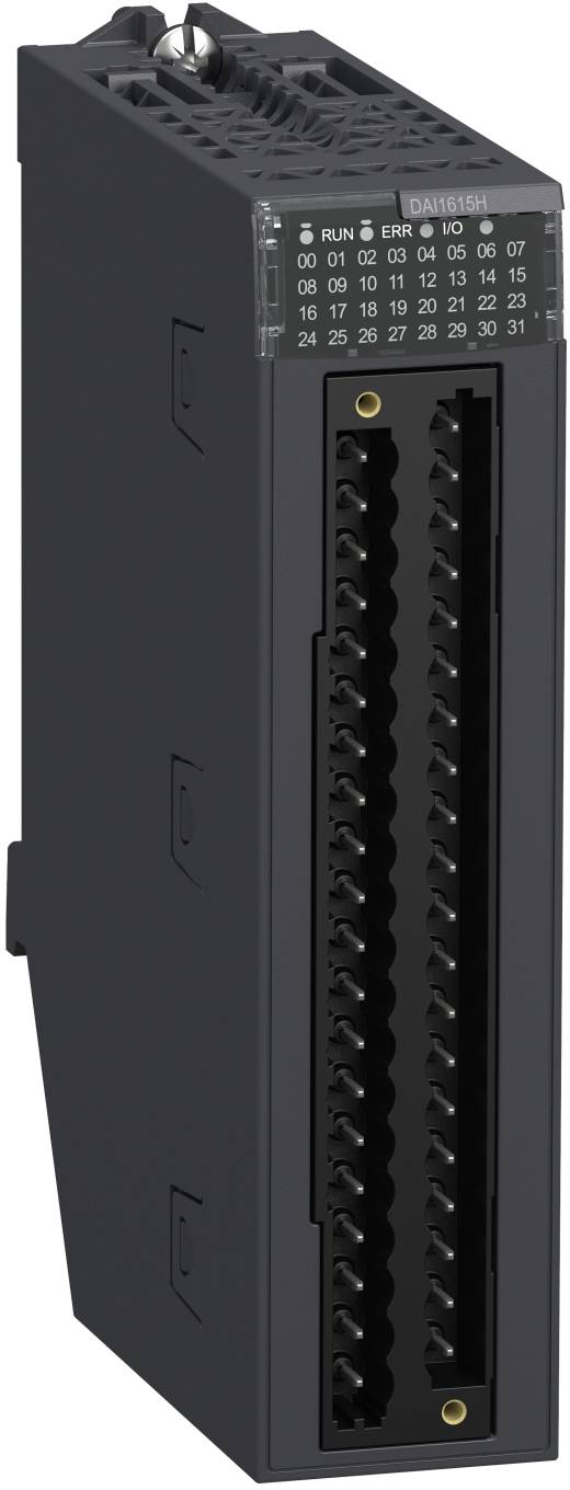 Industrielles schwarzes elektronisches Modul mit Frontstecker und Statusbezeichnungen „RUN
