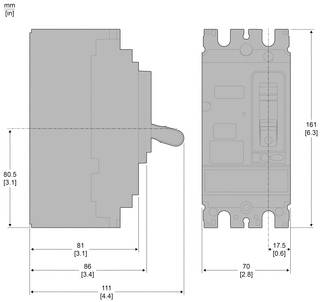 Technische Zeichnung einer elektrischen Komponente mit Vorder- und Seitenansicht, zeigend Abmessungen in mm und Zoll, einschließlich 161 mm Höhe und 70 mm Breite.